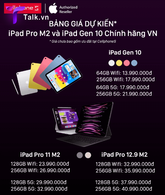 Giá bán dự kiến của iPad Pro 2022 và iPad Gen 10  