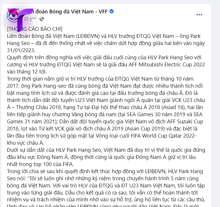 Thông cáo báo chí của VFF về quyết định HLV Park Hang Seo từ chức 